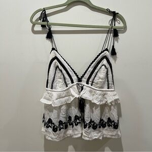 Free People Black and White Embroidered Tank Top